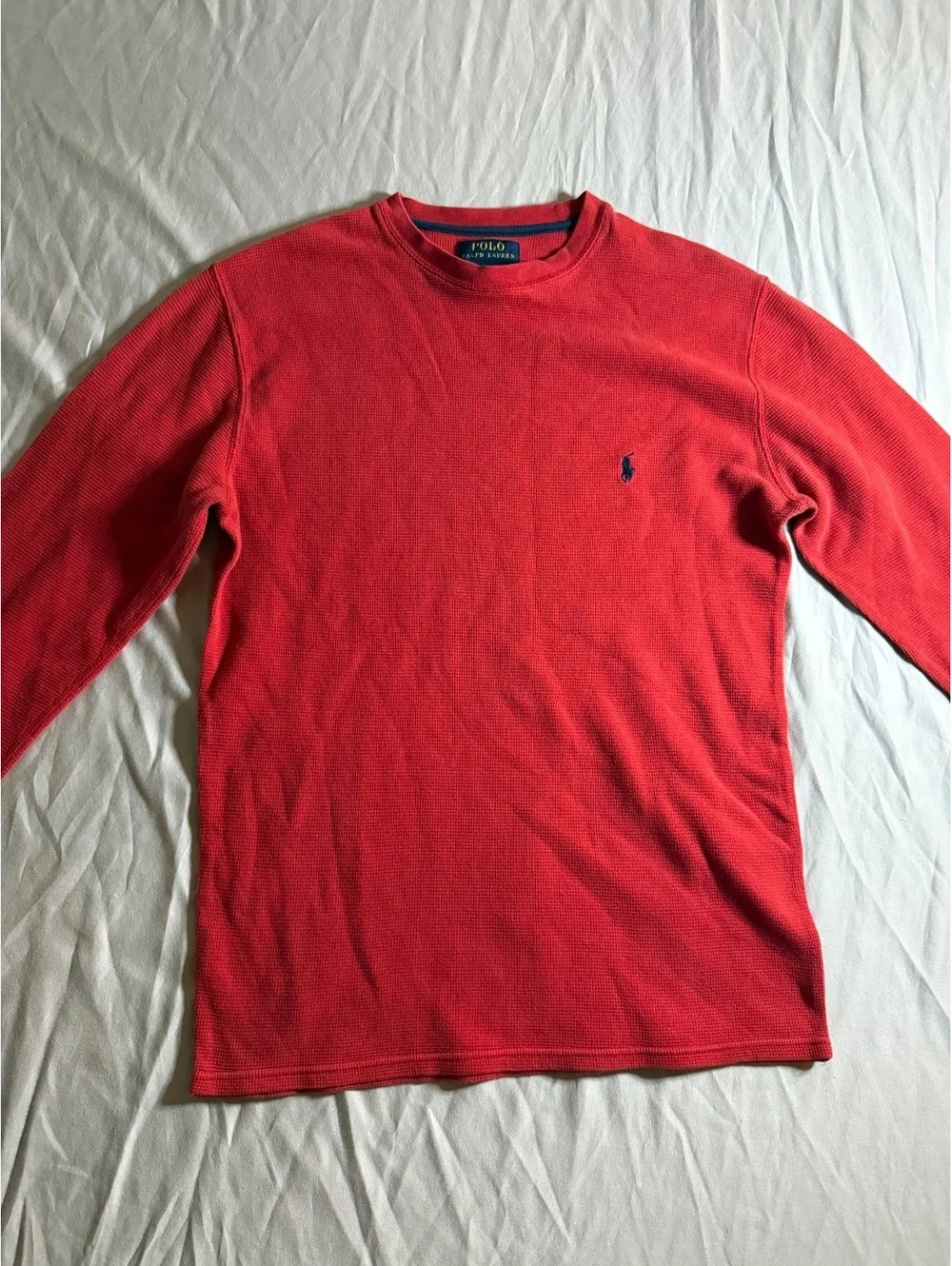 Polo Ralph Lauren Men's Medium Red Long-Sleeve Waffle Knit Cotton Shirt with Emb